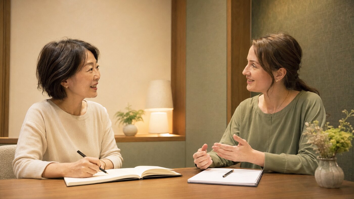 銀座の英会話教室でマンツーマンレッスンを受ける大人女性