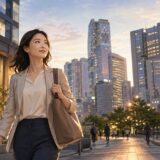 西新宿から新宿の英会話教室へ向かう仕事帰りの大人女性