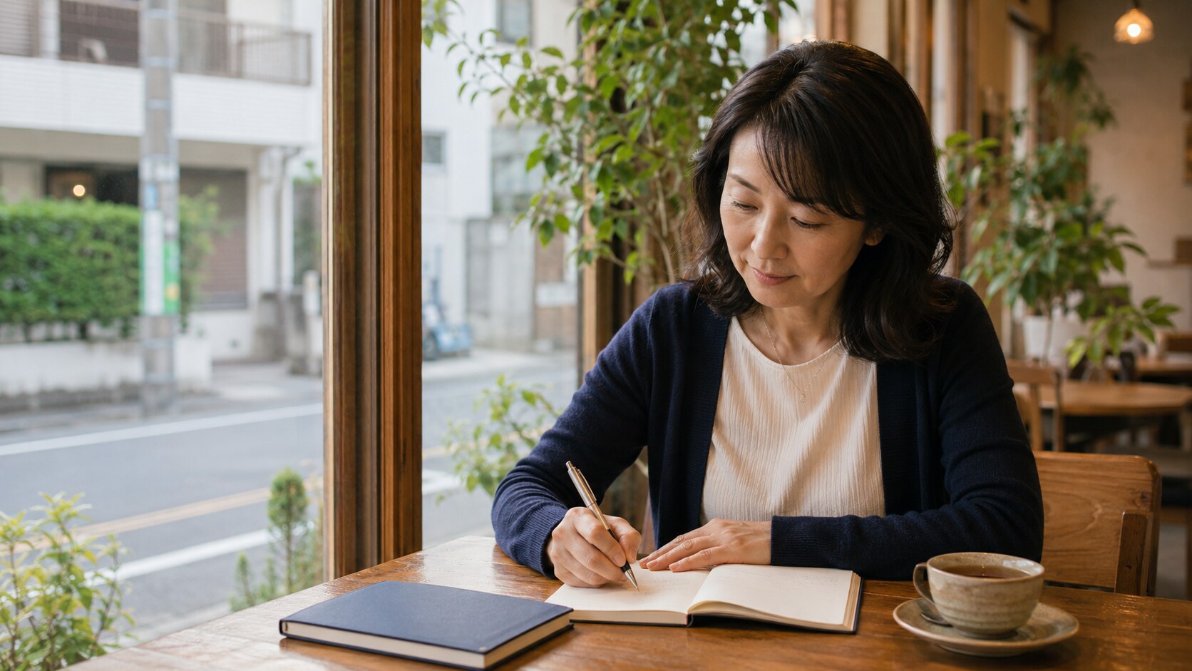 西葛西の落ち着いたカフェで英会話を予習する大人女性
