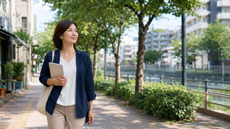 西葛西の緑と水辺のある街並みを英会話レッスンへ向かって歩く大人女性