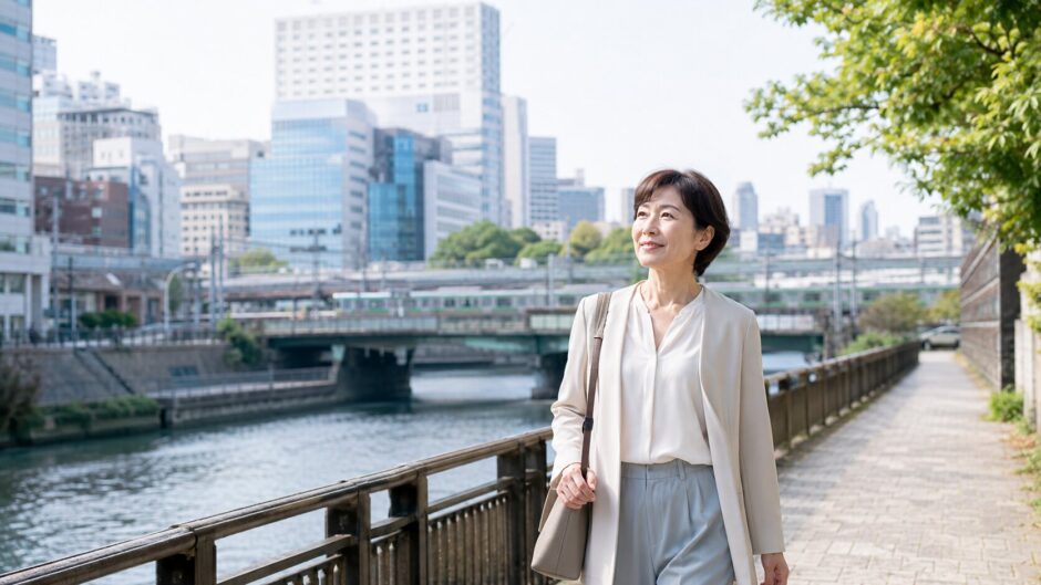 御茶ノ水の神田川沿いを歩く大人女性