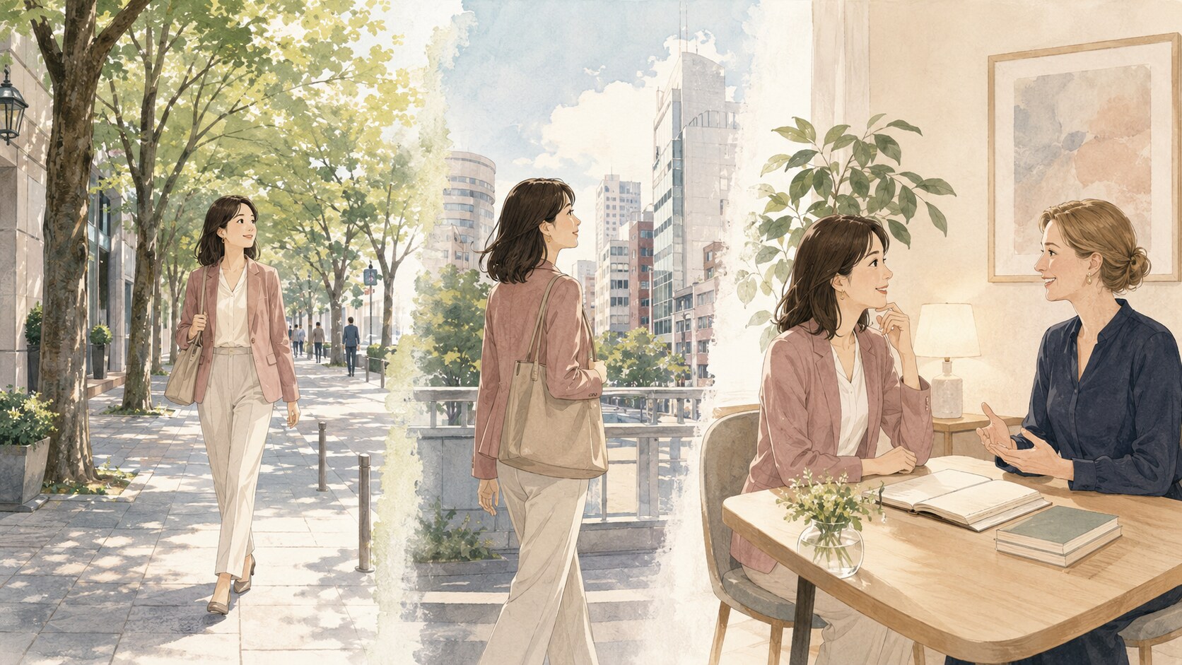表参道から渋谷まで候補を広げて英会話教室を探す大人女性