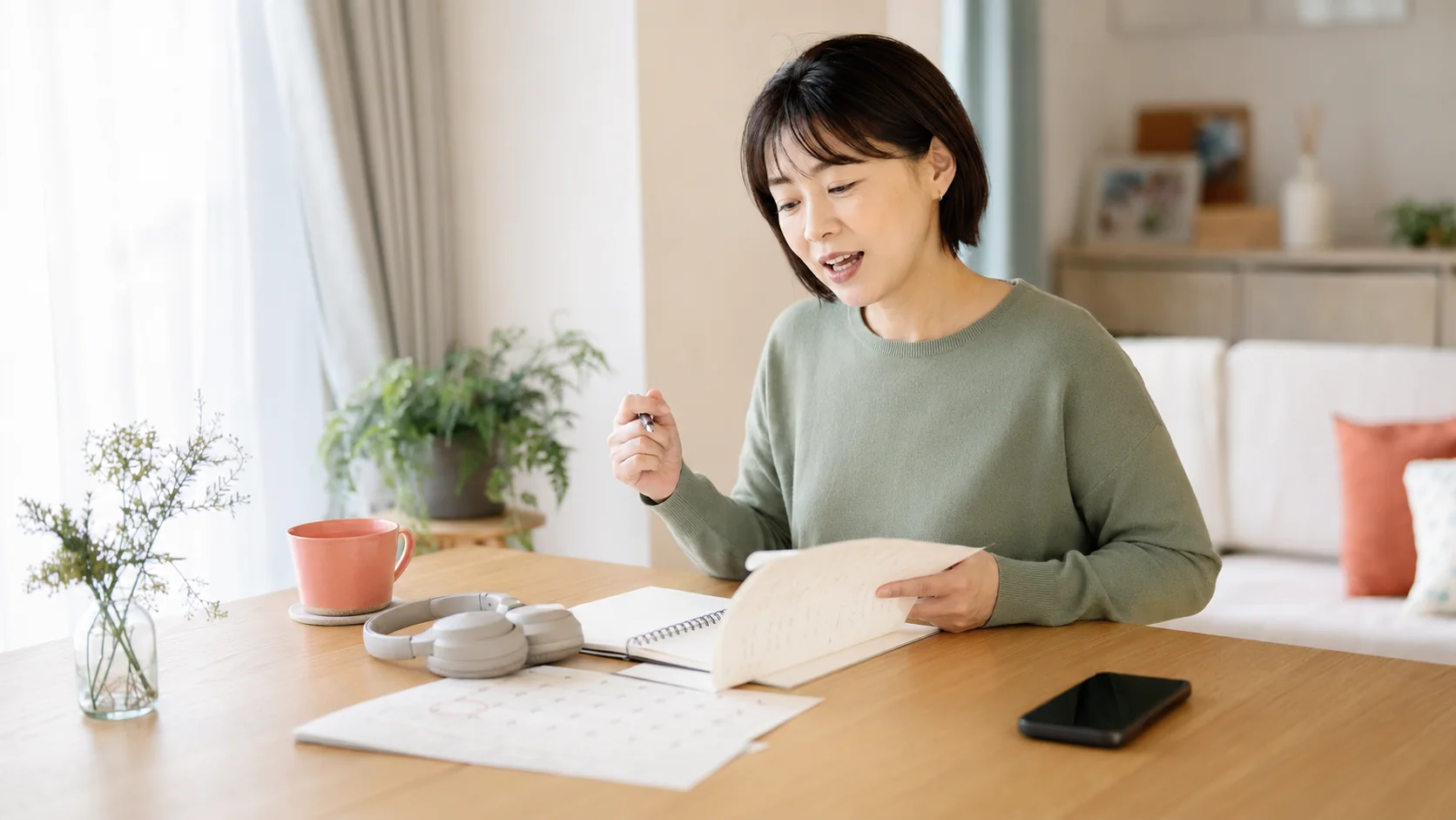 1ヶ月の短期目標に向けて自宅で英会話を復習する大人初心者女性