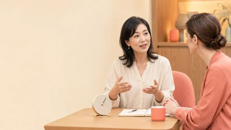 40分のマンツーマン英会話で講師と会話練習する大人女性