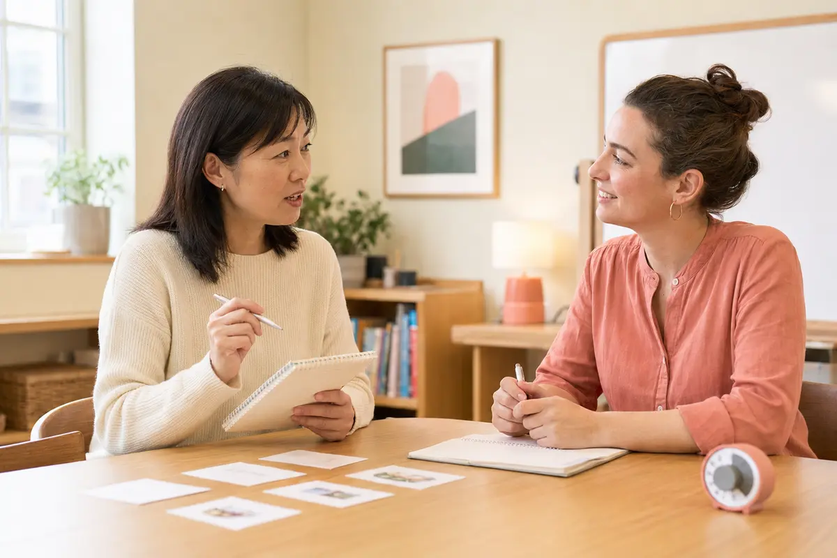 講師が聞くなかマンツーマン英会話で自分の言葉を話す大人女性