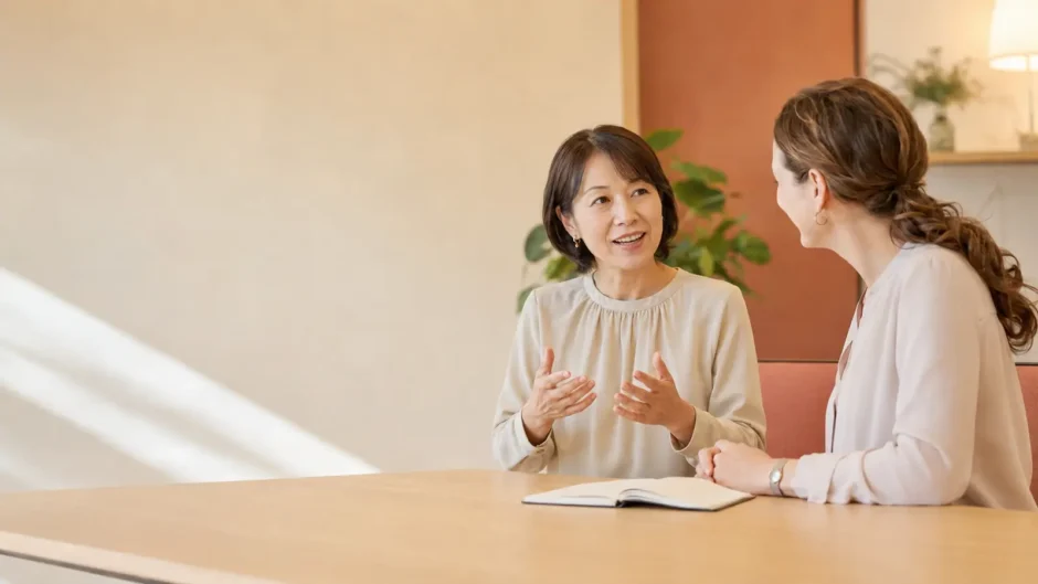 女性講師とのマンツーマン英会話で少しずつ緊張がほぐれる大人女性