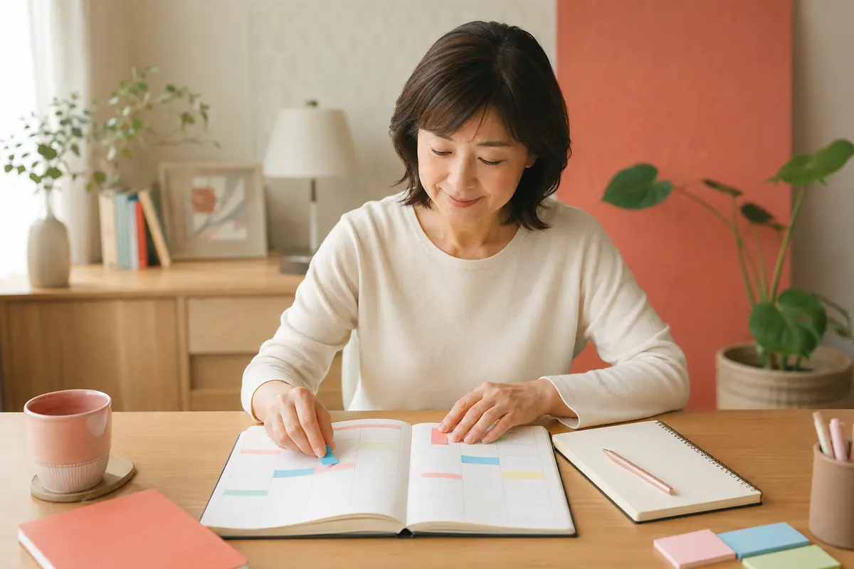 マンツーマン英会話の目的と週の回数を手帳で計画する大人女性