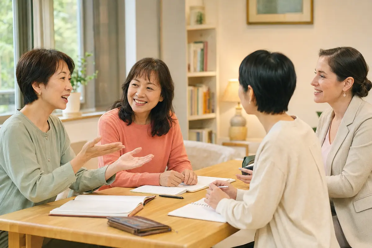 少人数のグループ英会話でほかの受講生と会話する大人女性