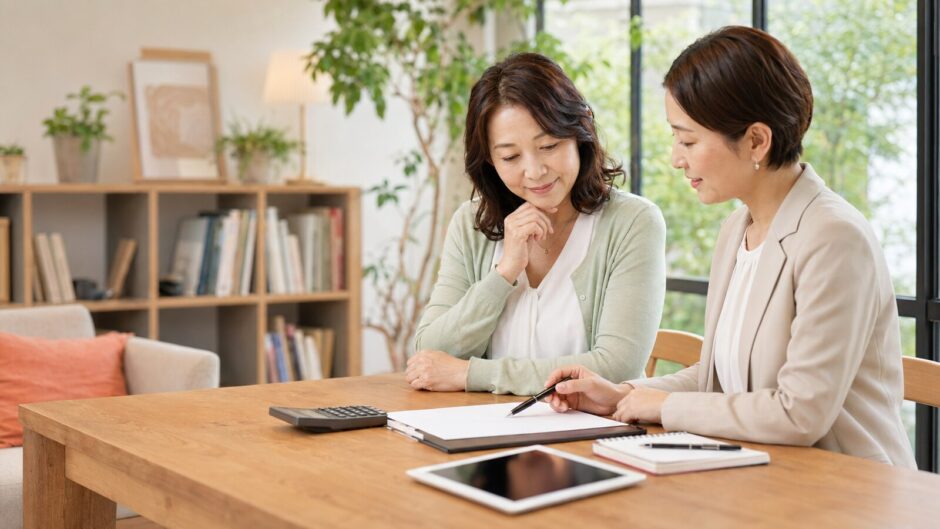 マンツーマン英会話の料金と総額をカウンセラーに確認する大人女性