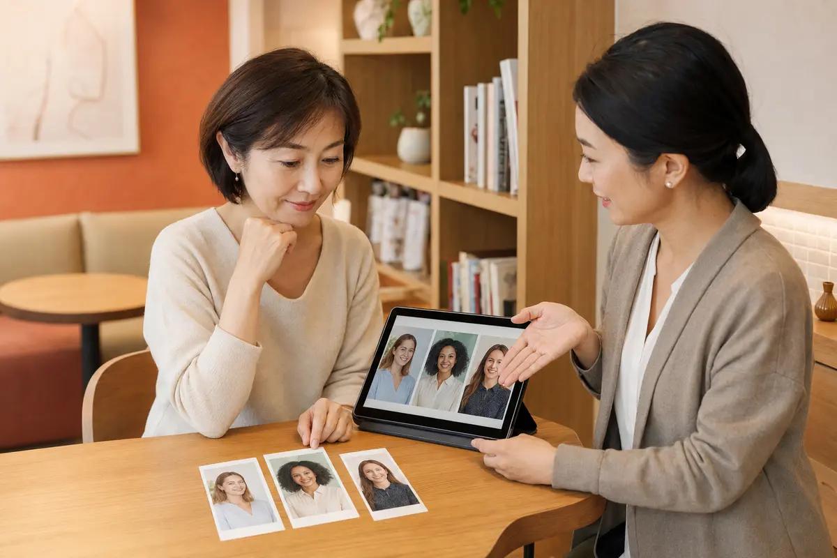 複数の英会話講師のプロフィールを見ながら予約を考える大人女性
