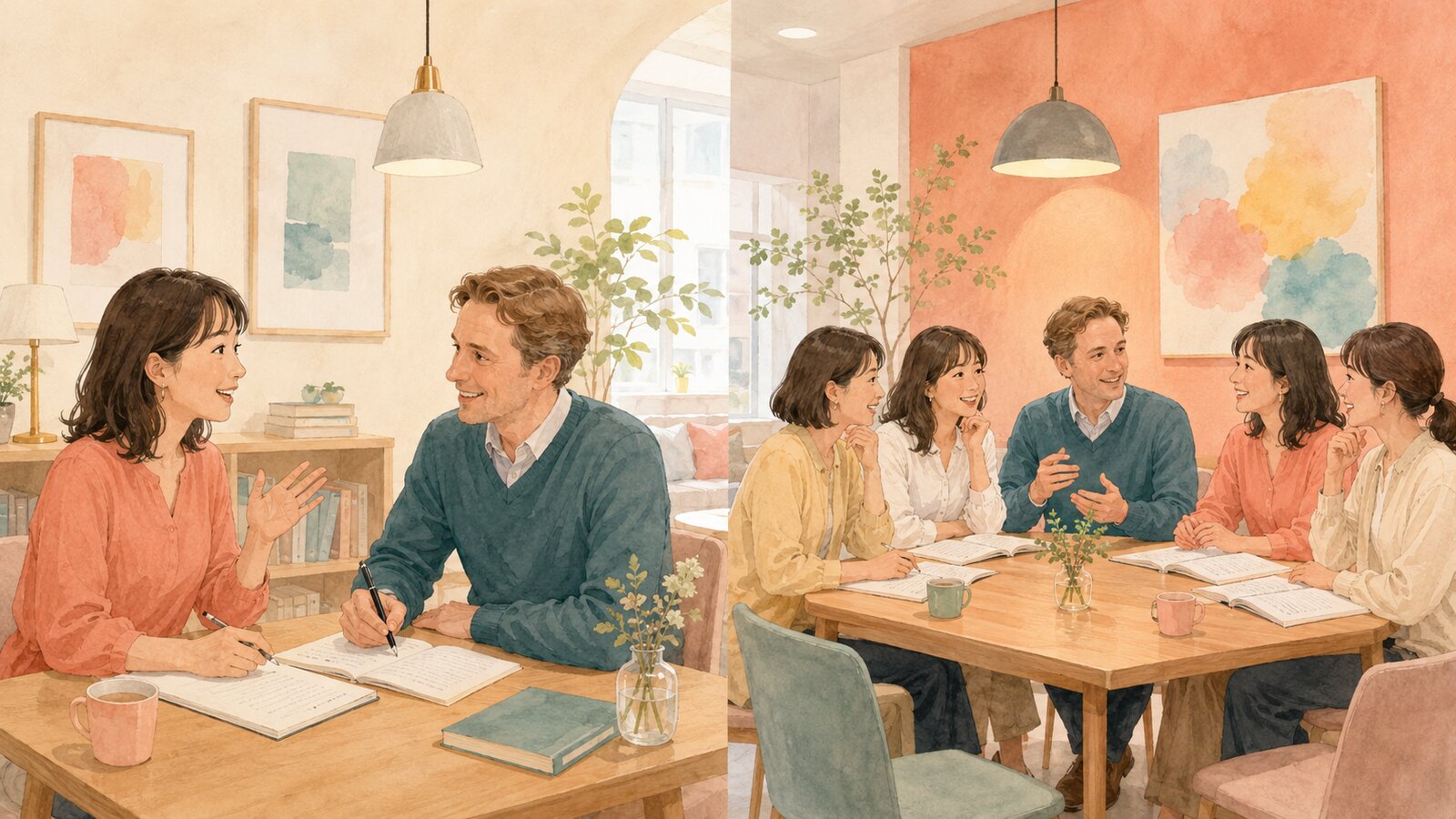 講師と一対一で話すマンツーマン英会話と少人数で学ぶグループレッスンの比較イラスト