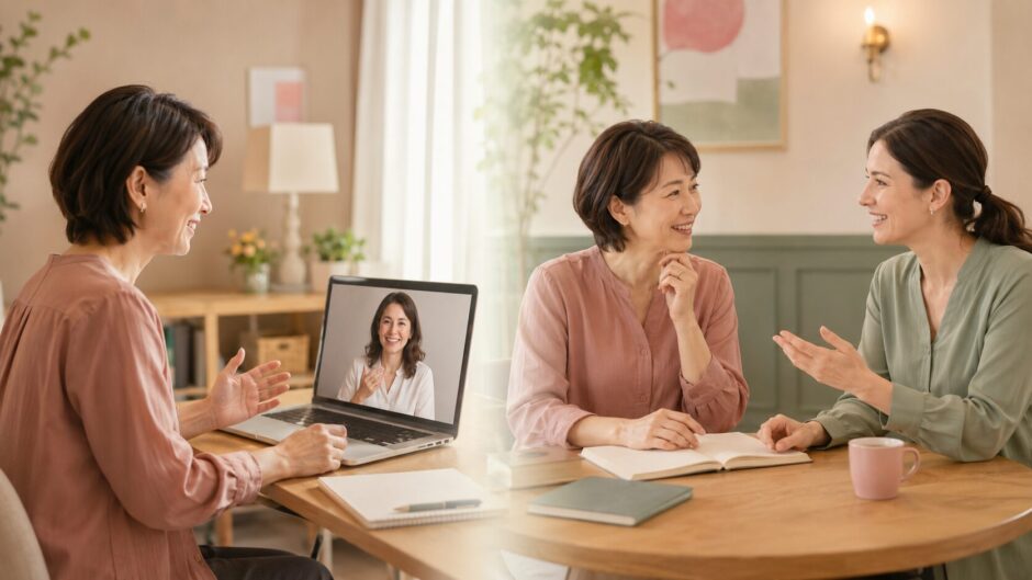 オンライン英会話と対面の英会話教室を比較する大人女性