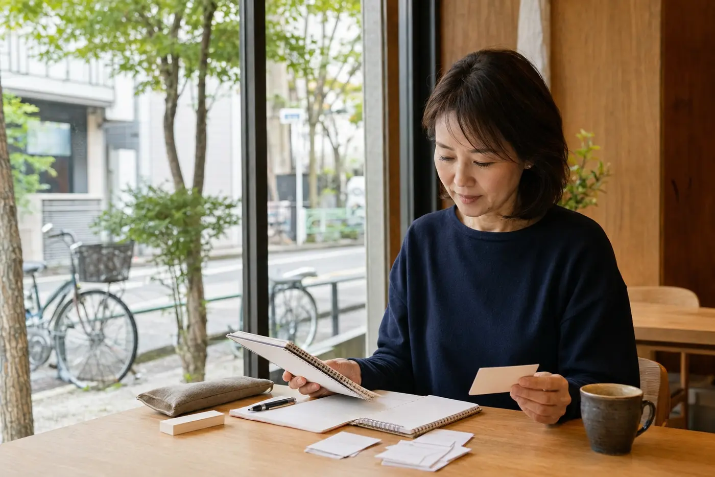 大田区の落ち着いたカフェで英会話の予習をする大人女性