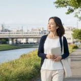 大田区の水辺の遊歩道をノートを持って歩く大人女性