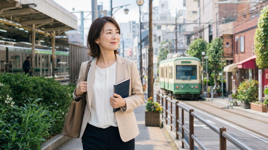 大塚駅と東京さくらトラムの近くを英語のノートを持って歩く大人女性