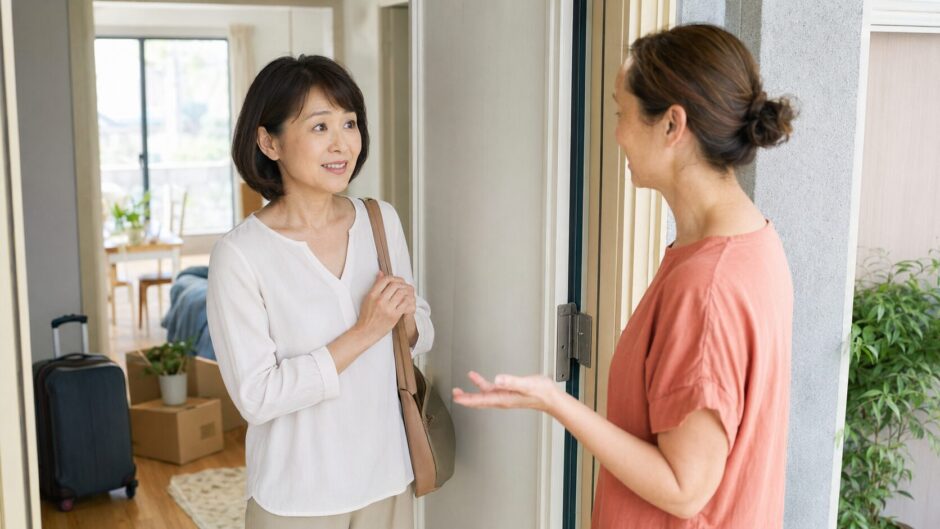 海外の新居で近所の人と英語で挨拶する大人女性