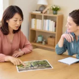 写真を指さしながら外国人講師と英語の写真描写を練習する大人女性