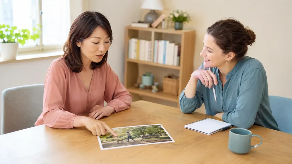 写真を指さしながら外国人講師と英語の写真描写を練習する大人女性