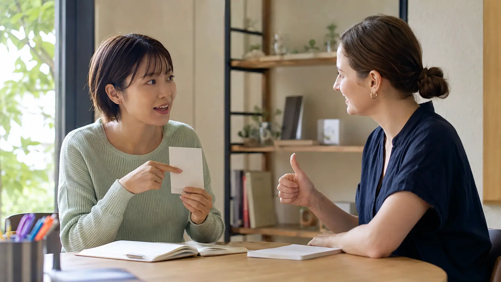 英会話教室で短い英文を話し、講師に伝わったことを確認する大人女性