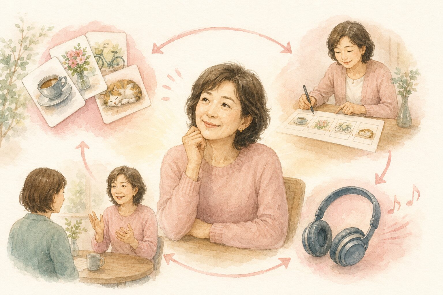 単語・文の骨格・音・会話をつなぎ直す学習イメージ