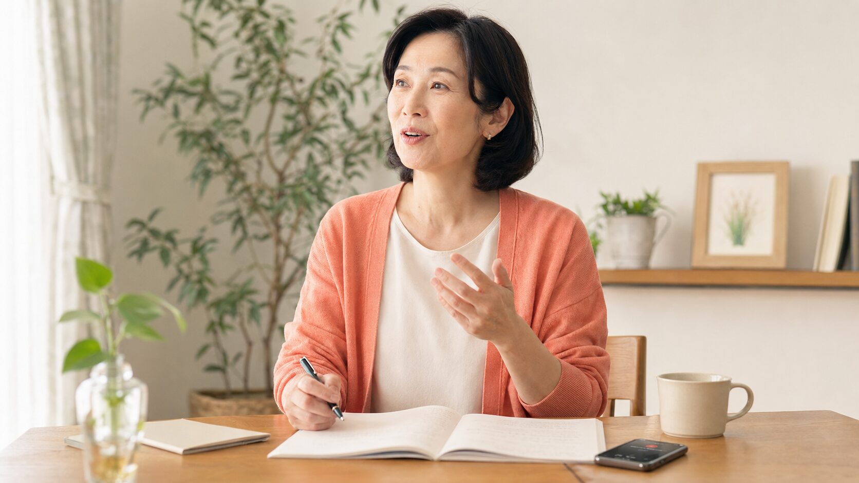 ノートと録音を使って英語を声に出して練習する大人女性