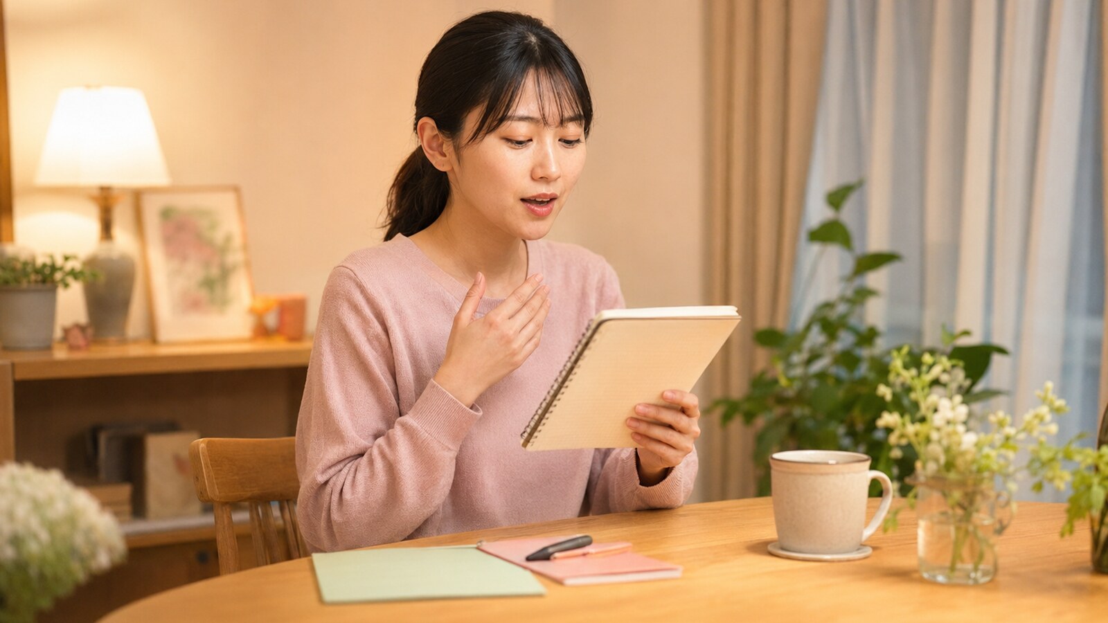 自宅でレッスン後に3つの英語表現を声に出して復習する女性