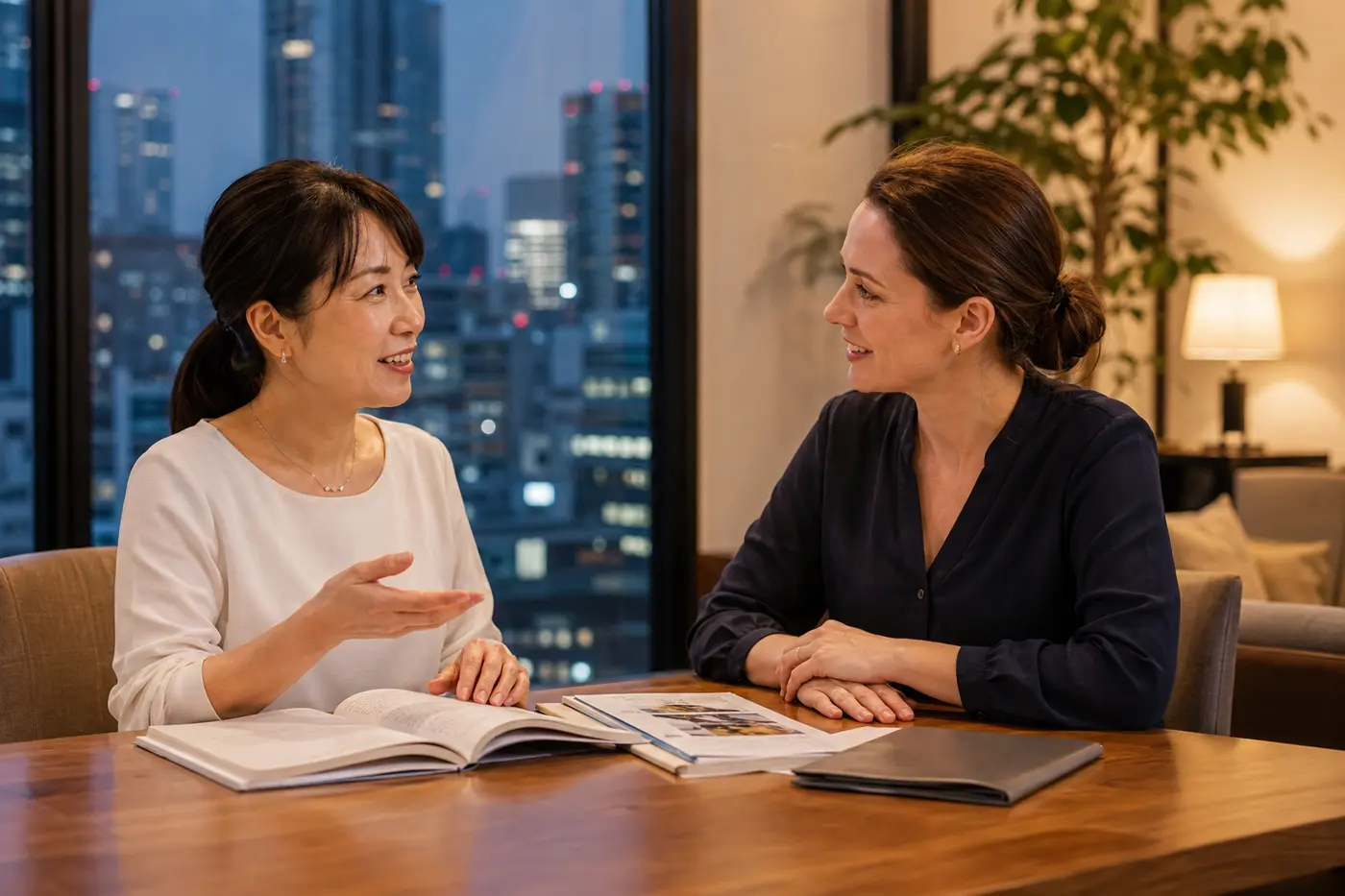 大人女性がマンツーマンの英会話レッスンを受ける様子