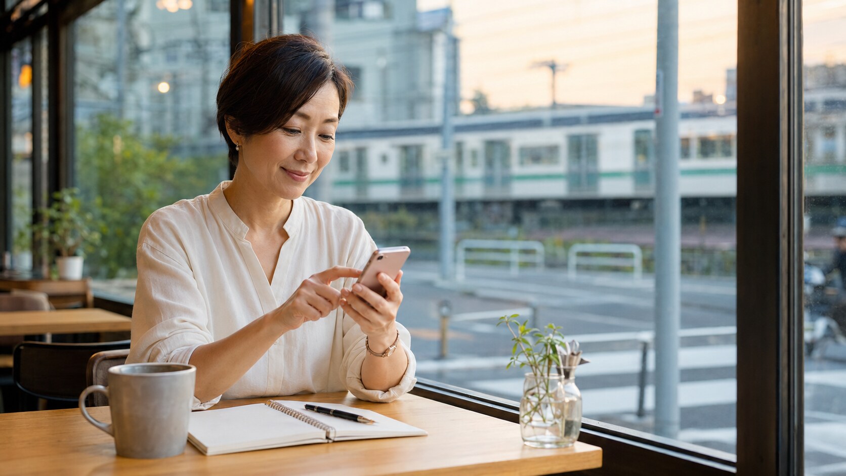 鷺沼駅近くのカフェで英会話レッスンの予定を確認する大人女性