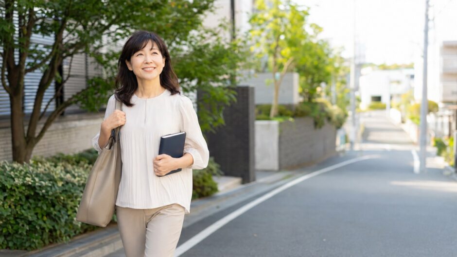 鷺沼の住宅街を英語学習ノートを持って歩く大人女性