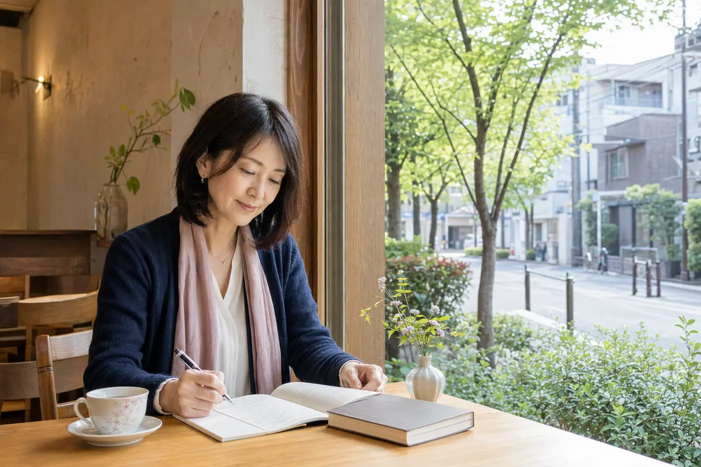 桜新町の落ち着いたカフェで英会話の予習をする大人女性