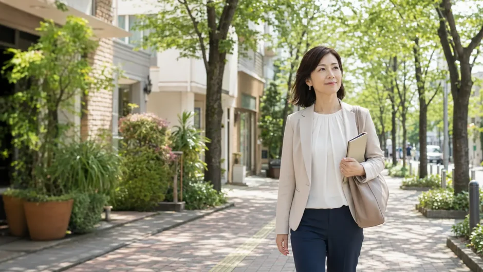 桜新町の緑ある住宅街をノートを持って歩く大人女性