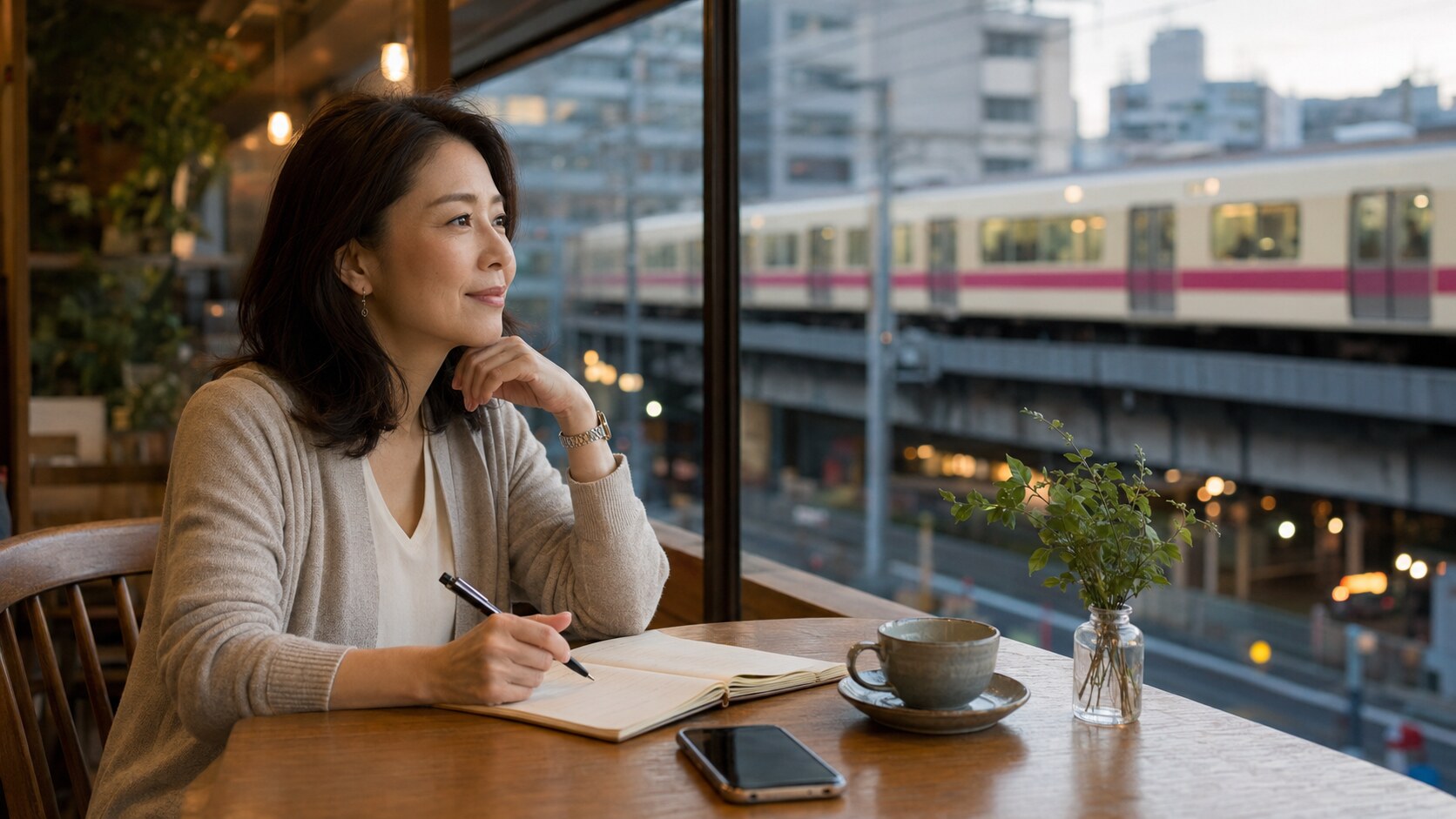 京王線が見えるカフェで英会話レッスンの予定を考える大人女性