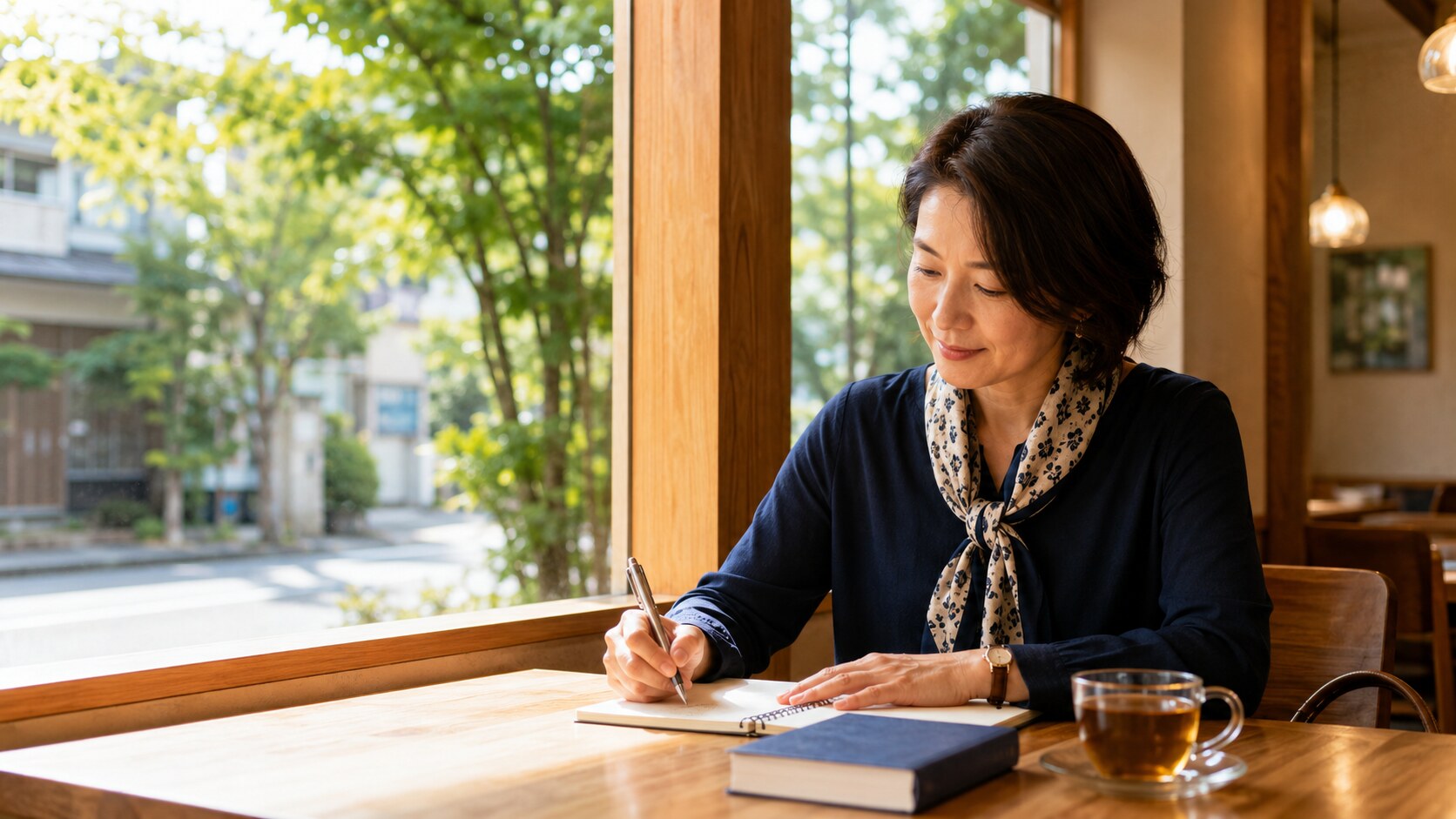 成城学園前の落ち着いたカフェで英会話を予習する大人女性