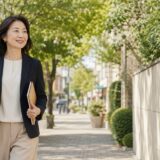 成城学園前の緑豊かな街並みを英会話レッスンへ向かって歩く大人女性