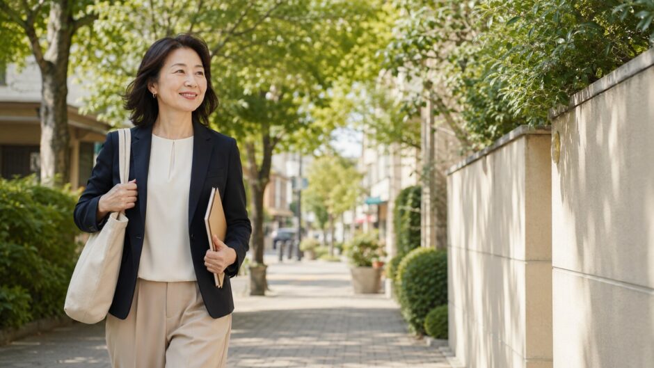 成城学園前の緑豊かな街並みを英会話レッスンへ向かって歩く大人女性