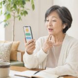 自宅で英会話アプリを使い短い表現を練習するシニア女性
