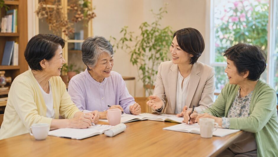 英会話サークルや教室で仲間と英語を学ぶシニア女性