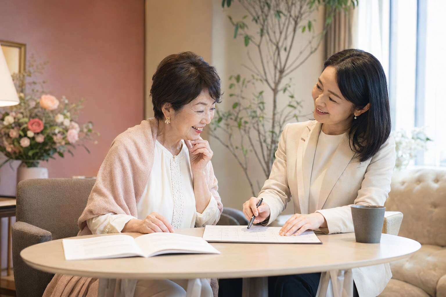 シニア初心者女性が英会話教室のスタッフにレッスンについて相談する様子