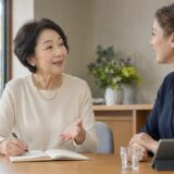 シニア向け英会話教室で外国人講師とマンツーマンレッスンを受ける初心者女性