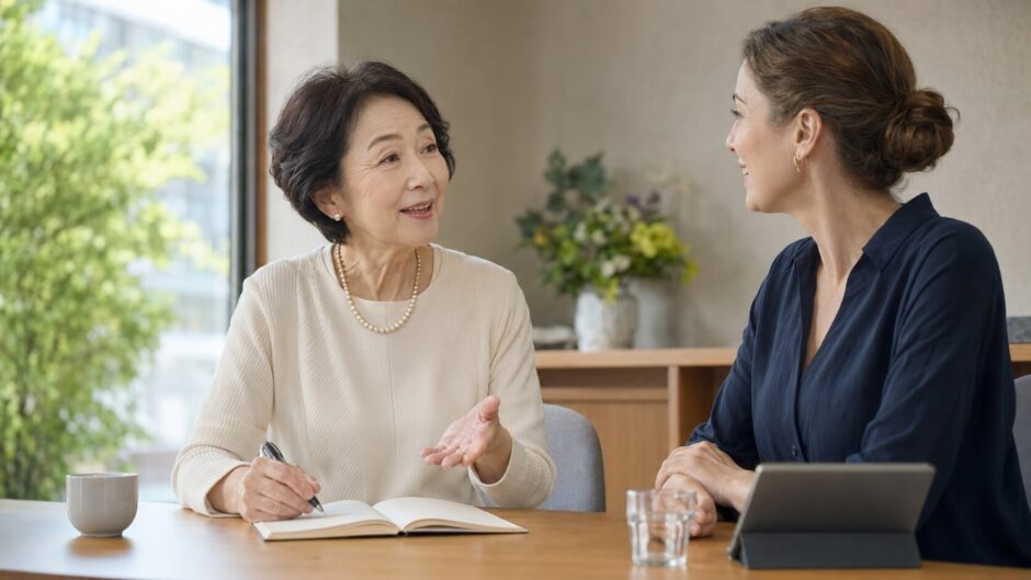 シニア向け英会話教室で外国人講師とマンツーマンレッスンを受ける初心者女性