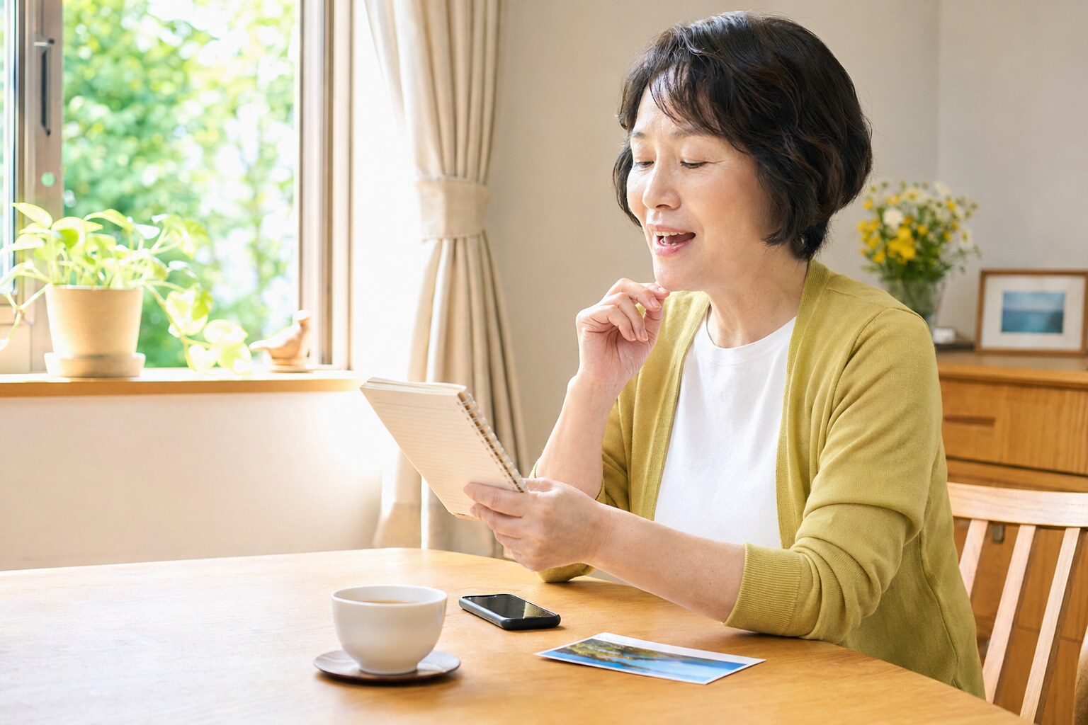 自宅で短い英語フレーズを声に出して練習するシニア女性