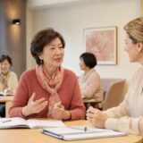 シニア女性がマンツーマンとグループ形式で英会話を学ぶ様子