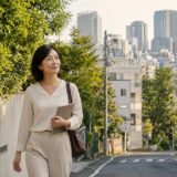 渋谷区の落ち着いた街並みから英会話レッスンへ向かう大人女性