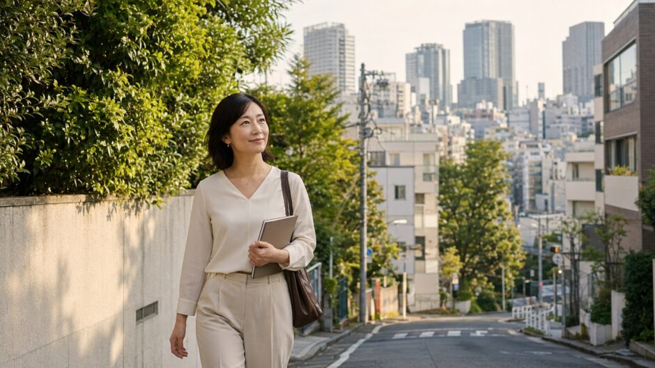 渋谷区の落ち着いた街並みから英会話レッスンへ向かう大人女性