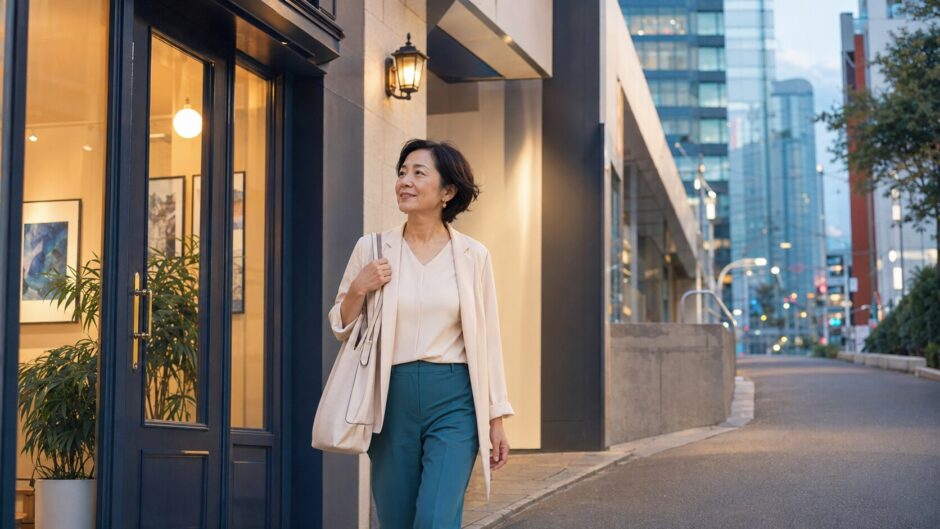 渋谷の落ち着いた街並みを歩き英会話教室へ向かう大人女性