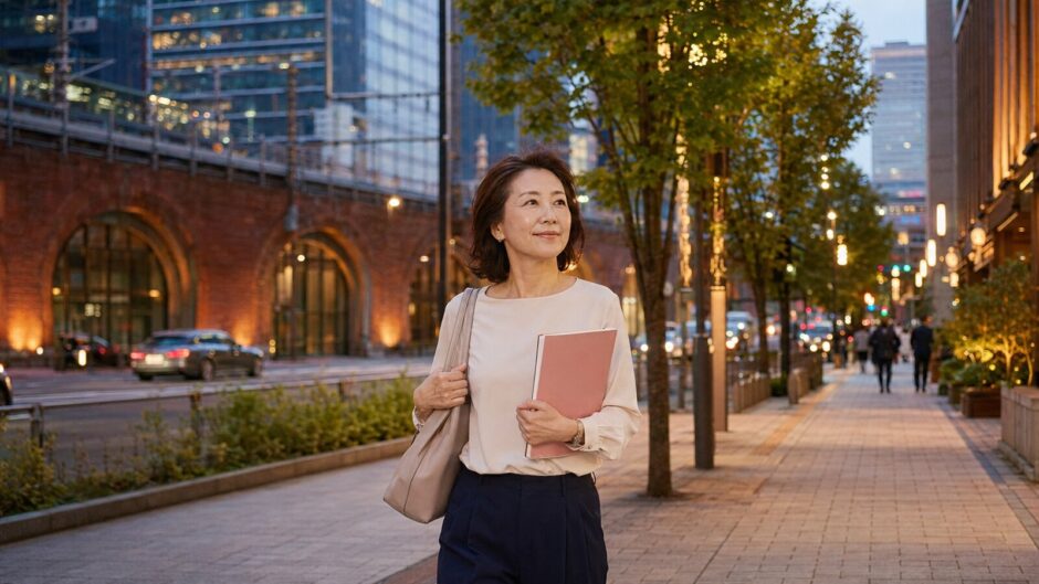 仕事帰りに新橋から銀座の英会話教室へ歩く大人女性