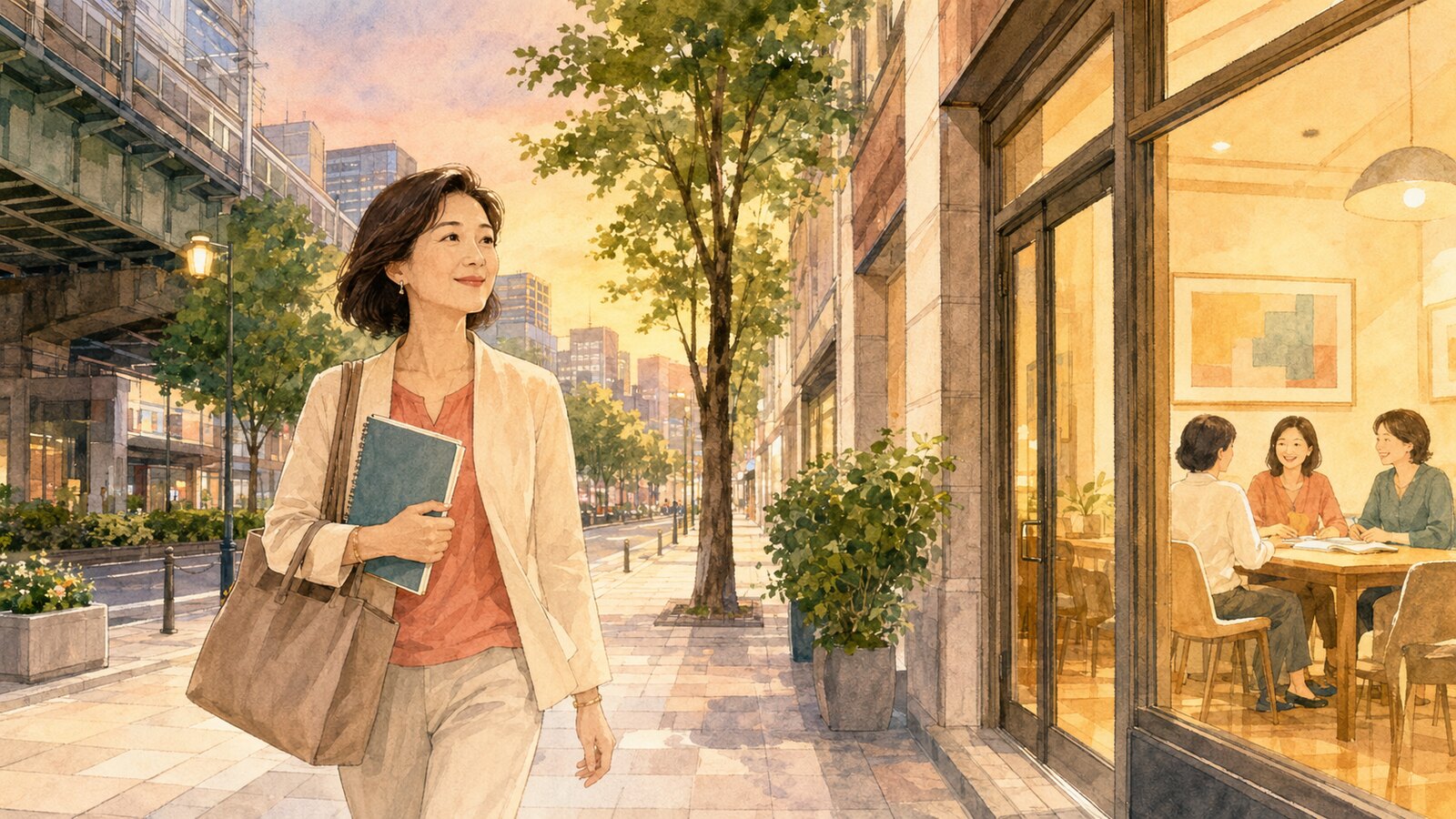 新橋から銀座の英会話教室へ歩いて向かう大人女性のイラスト