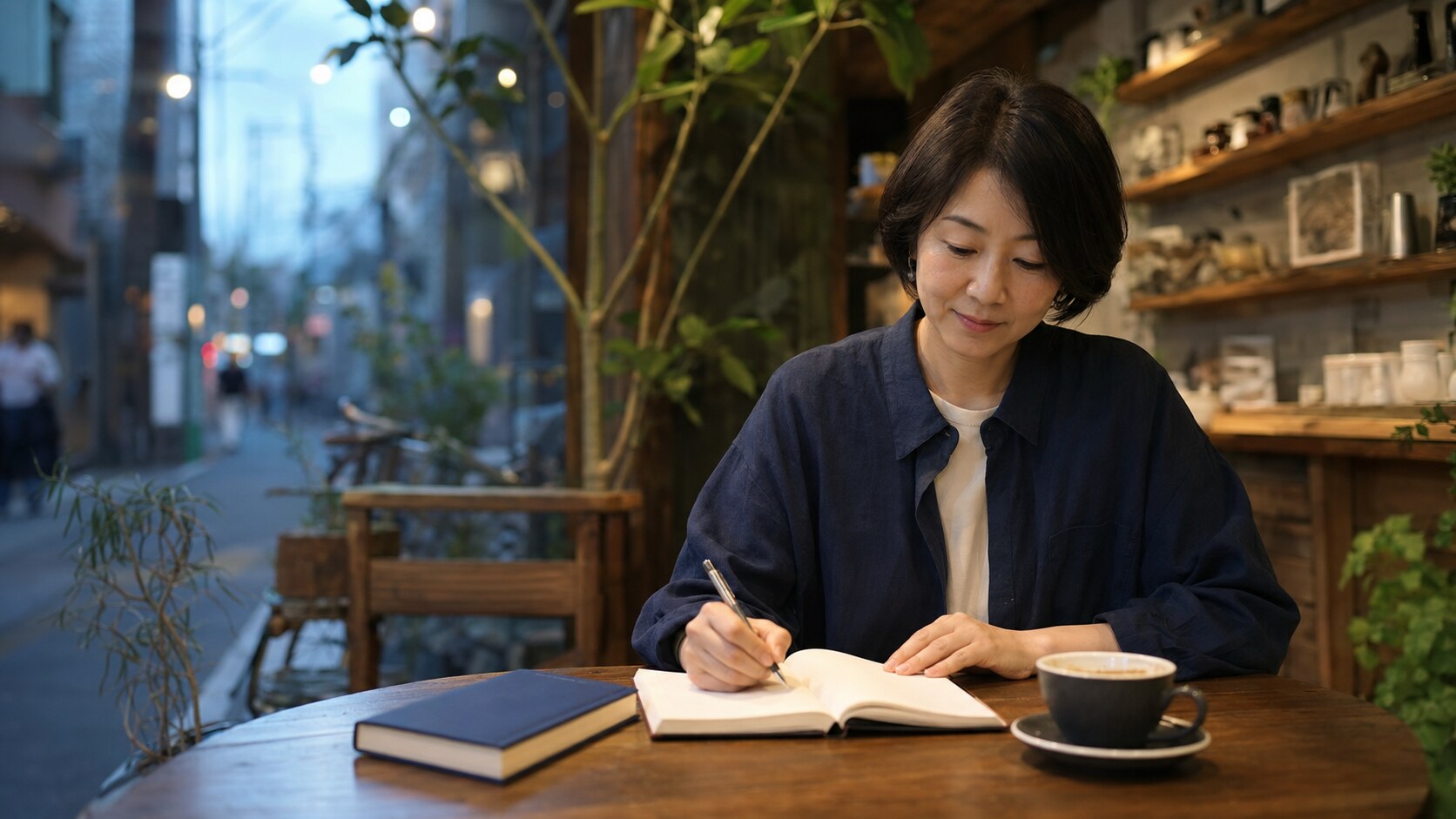 下北沢の落ち着いたカフェで英会話を予習する大人女性