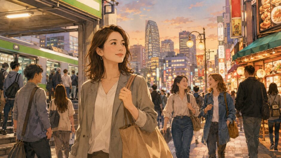 新大久保から新宿の英会話教室へ向かう大人女性