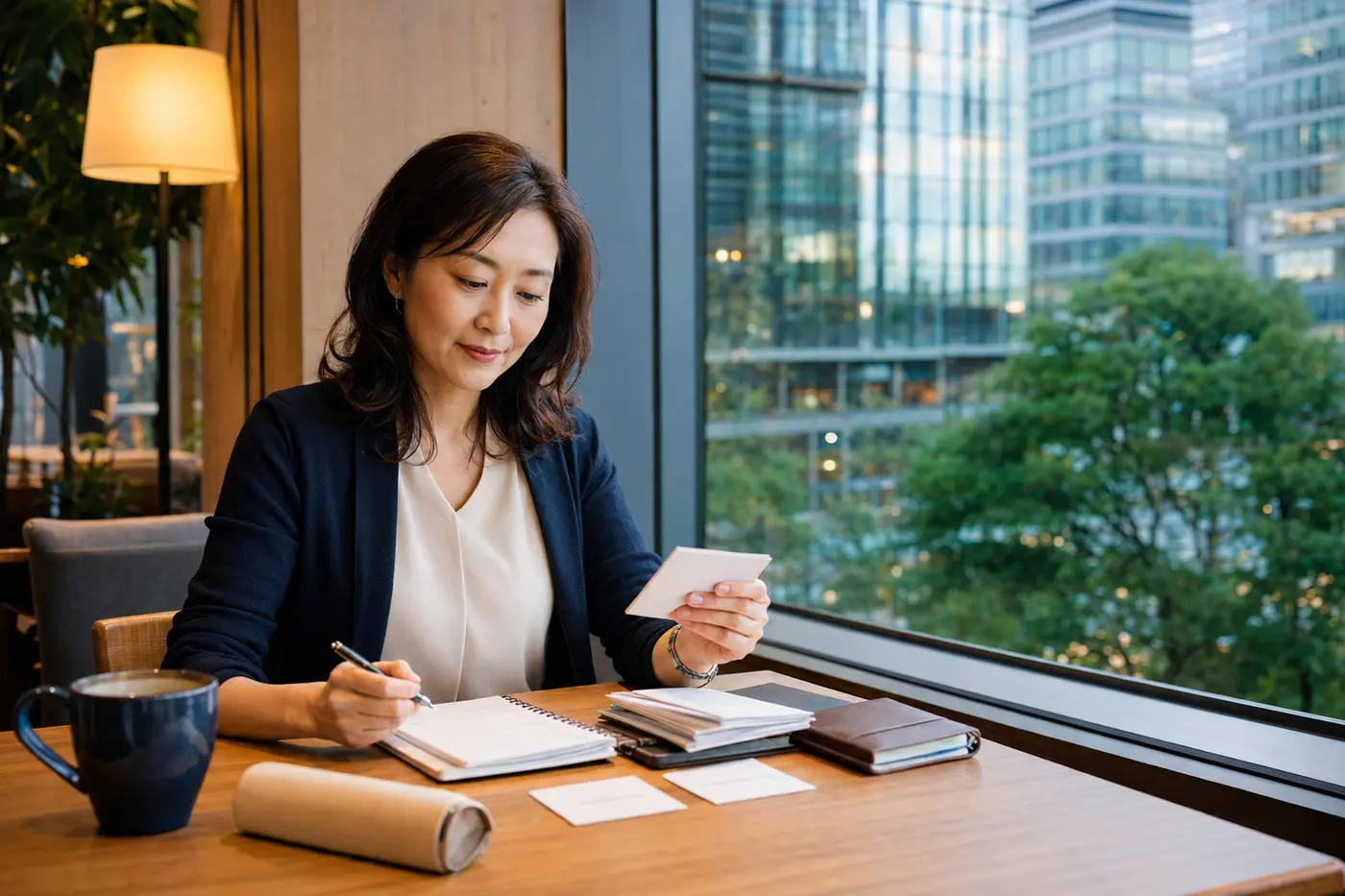 品川のオフィス街を望むカフェで英会話の予習をする大人女性